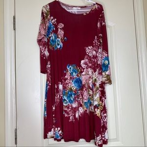 3/4 Sleeve Boutique Dress (Burgundy)